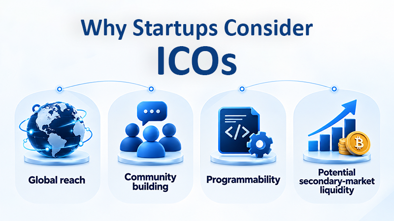 Why startups consider ICOs showing global reach, community building, programmability, and potential secondary-market liquidity