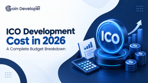 ICO development cost in 2026 complete budget breakdown with calculator and coin stacks